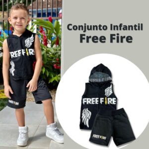 Conjunto infantil Free Fire com blusa e shorts feito em algodão