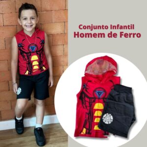 Conjunto infantil Homem de Ferro com blusa e shorts feito em algodão