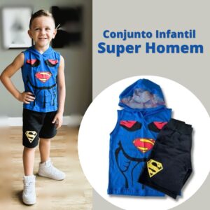 Conjunto infantil Super Homem com blusa e shorts feito em algodão