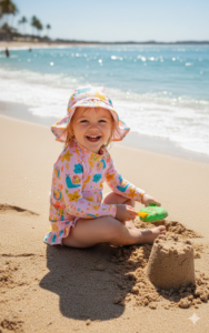 conjunto moda praia menina com proteção solar fator uv50