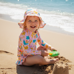 conjunto moda praia menina com proteção solar fator uv50