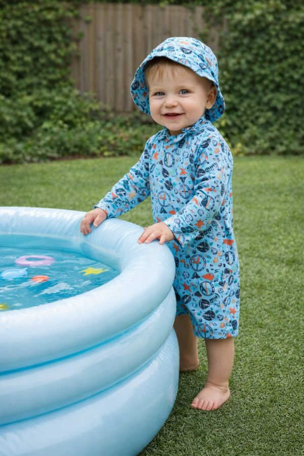 macacão de praia com proteção solar para bebe menino