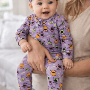 macacão para bebe com estampa de monstrinhos acompanha laço