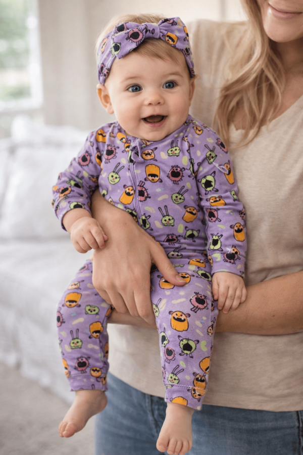 macacão para bebe com estampa de monstrinhos acompanha laço