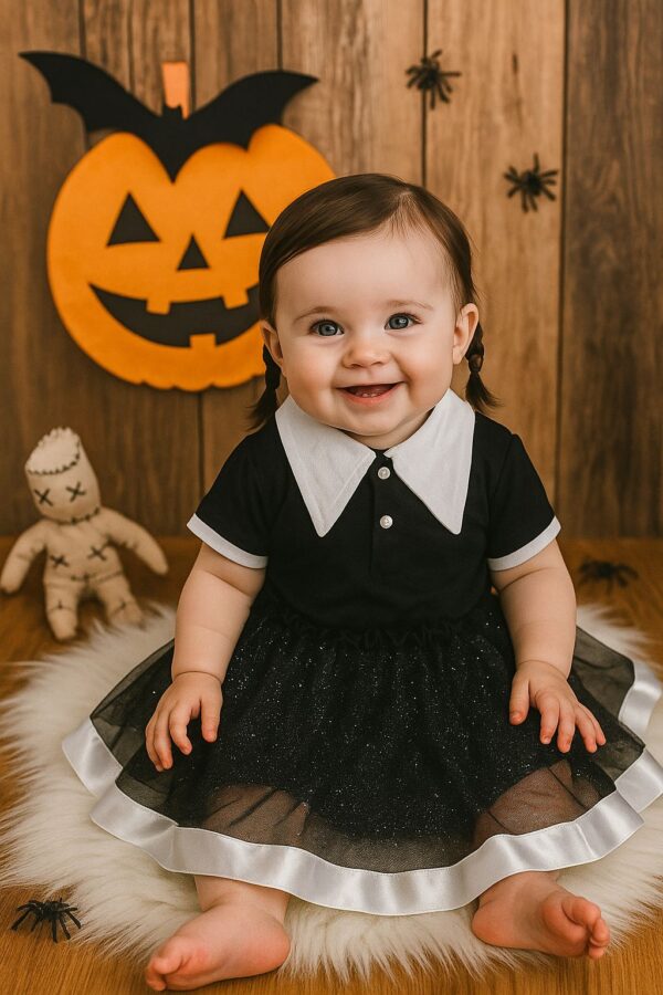 vestido para bebe de halloween wandinha