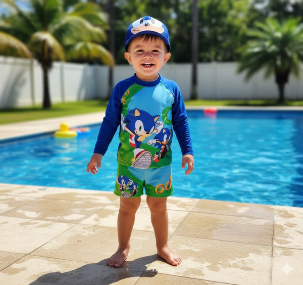 conjunto de praia com proteção solar e estampa do sonic inclui bone