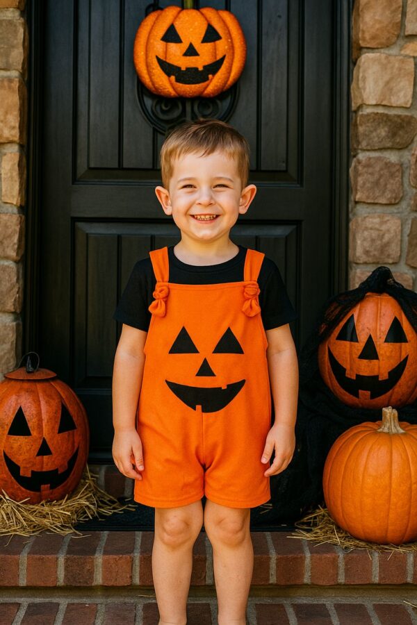 jardineira de abobora fantasia de halloween para menino