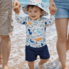 conjunto moda praia infantil com proteção uv 50 para menino estampa de dinossauro