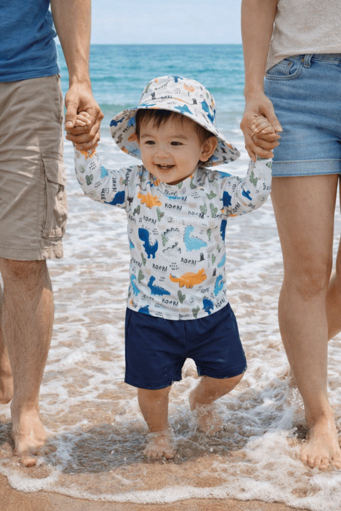 conjunto moda praia infantil com proteção uv 50 para menino estampa de dinossauro