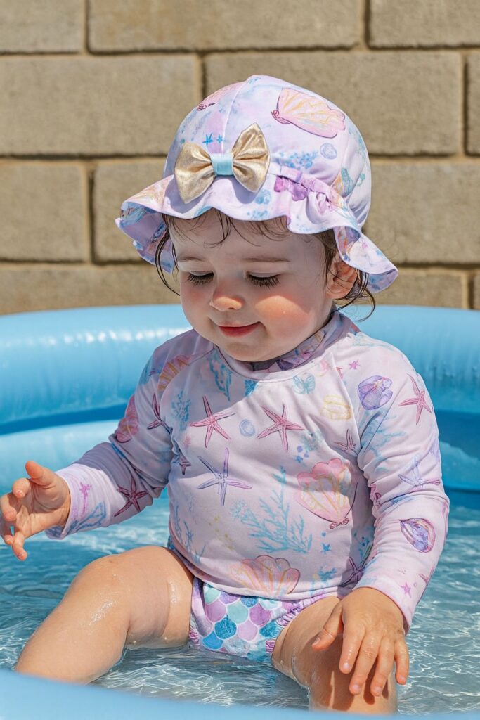 conjunto moda praia menina com proteção solar uv50 e estampa escamas e fundo do mar