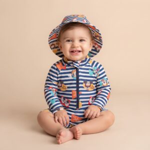macacão de moda praia para bebe e crianças com estampa do mickey
