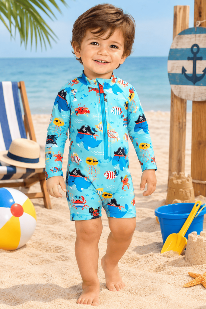 macacão infantil menino proteção solar uv50 estampa de baleia pirata