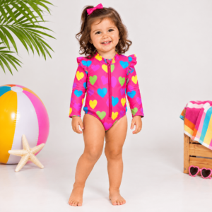 maio infantil menina neon com corações e fator de protecao solar uv50